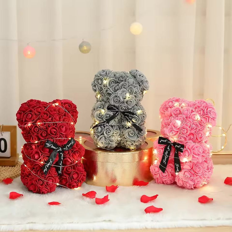 Artificial Teddy Bear with Rose Flower in a Box - WarmLove