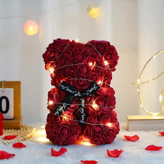 Artificial Teddy Bear with Rose Flower in a Box - WarmLove